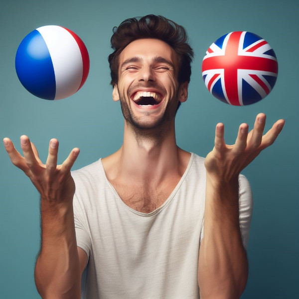 Homme en train de jongler avec deux balles. L'un avec un drapeau français et l'autre avec un drapeau britannique.